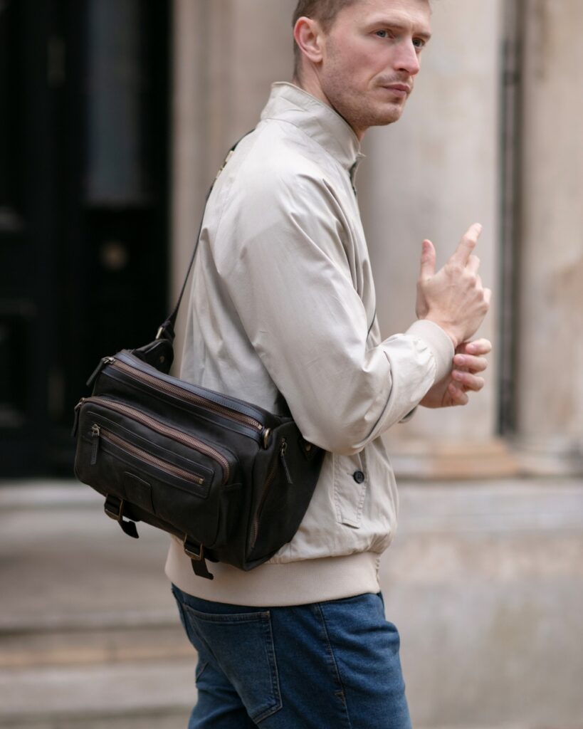 Builford Everyday Carry Men Style Man in 30s wearing Builford waxed canvas sling bag casual street fashion