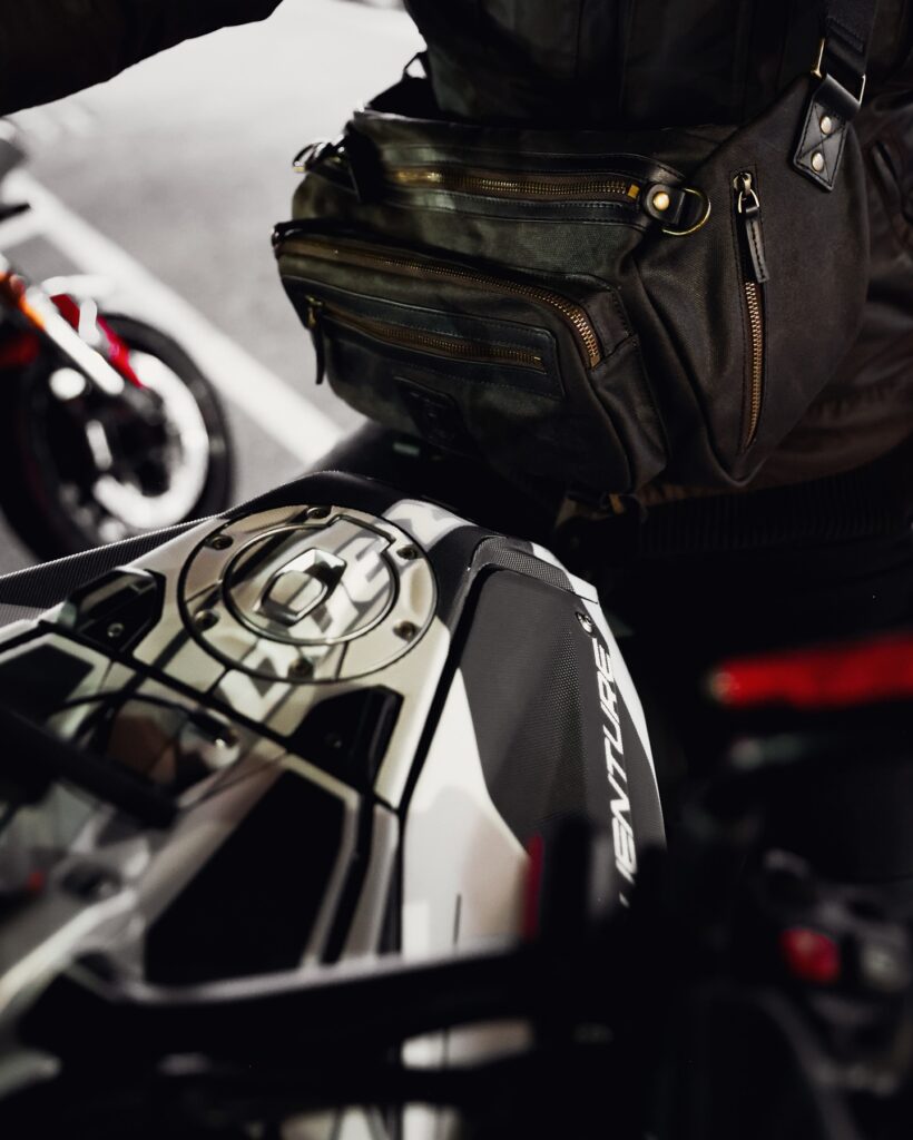 Motorcycle Lifestyle Essentials Builford hip bag and motorcycle lifestyle shot