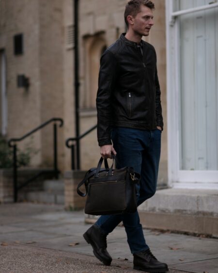 Close-up of premium leather handles and embossed logo on Builford 628 Portfolio briefcase